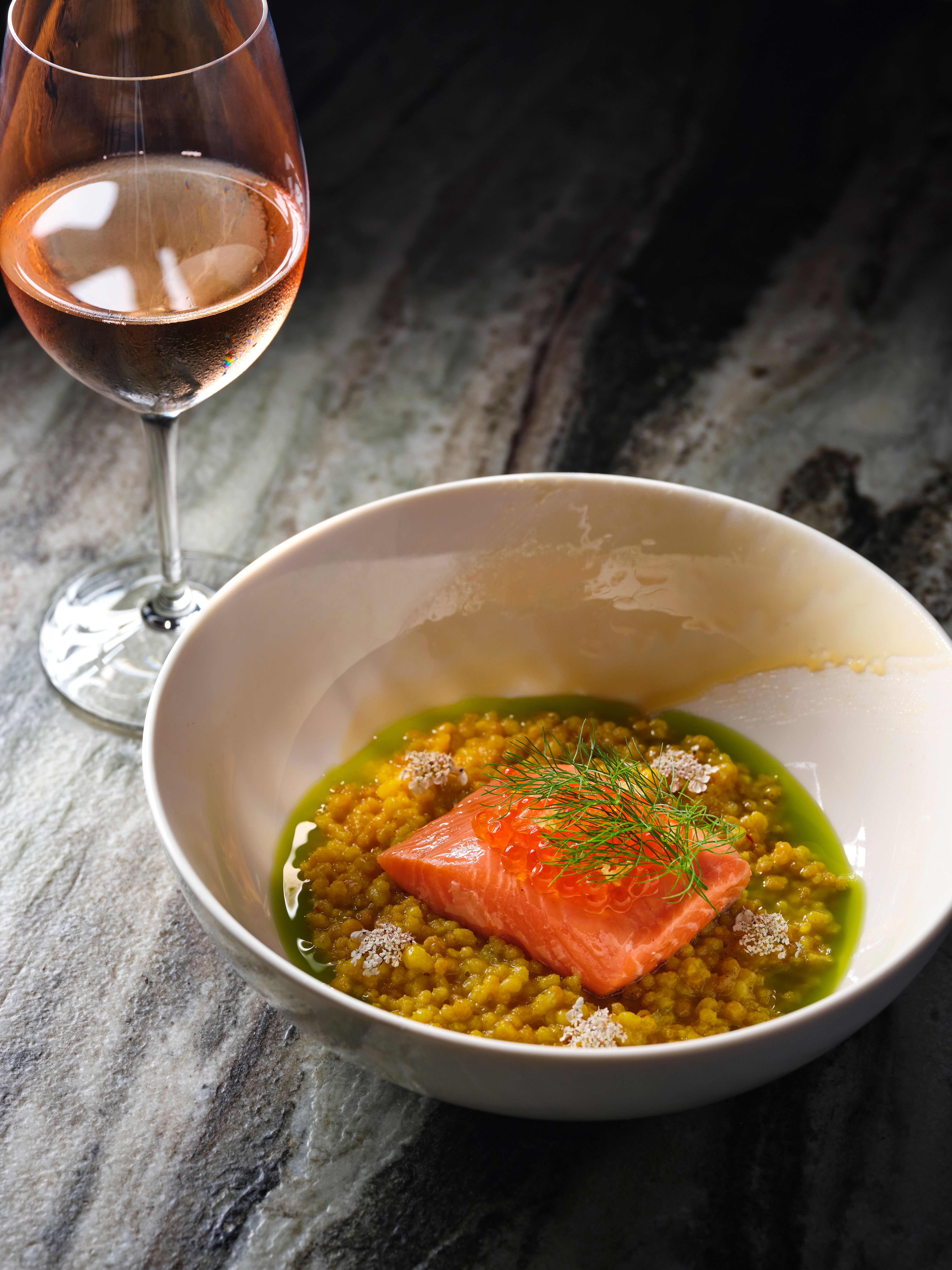 Confit Salmon with Saffron Fregola, Kawakawa Oil & Honey-Dressed Roe