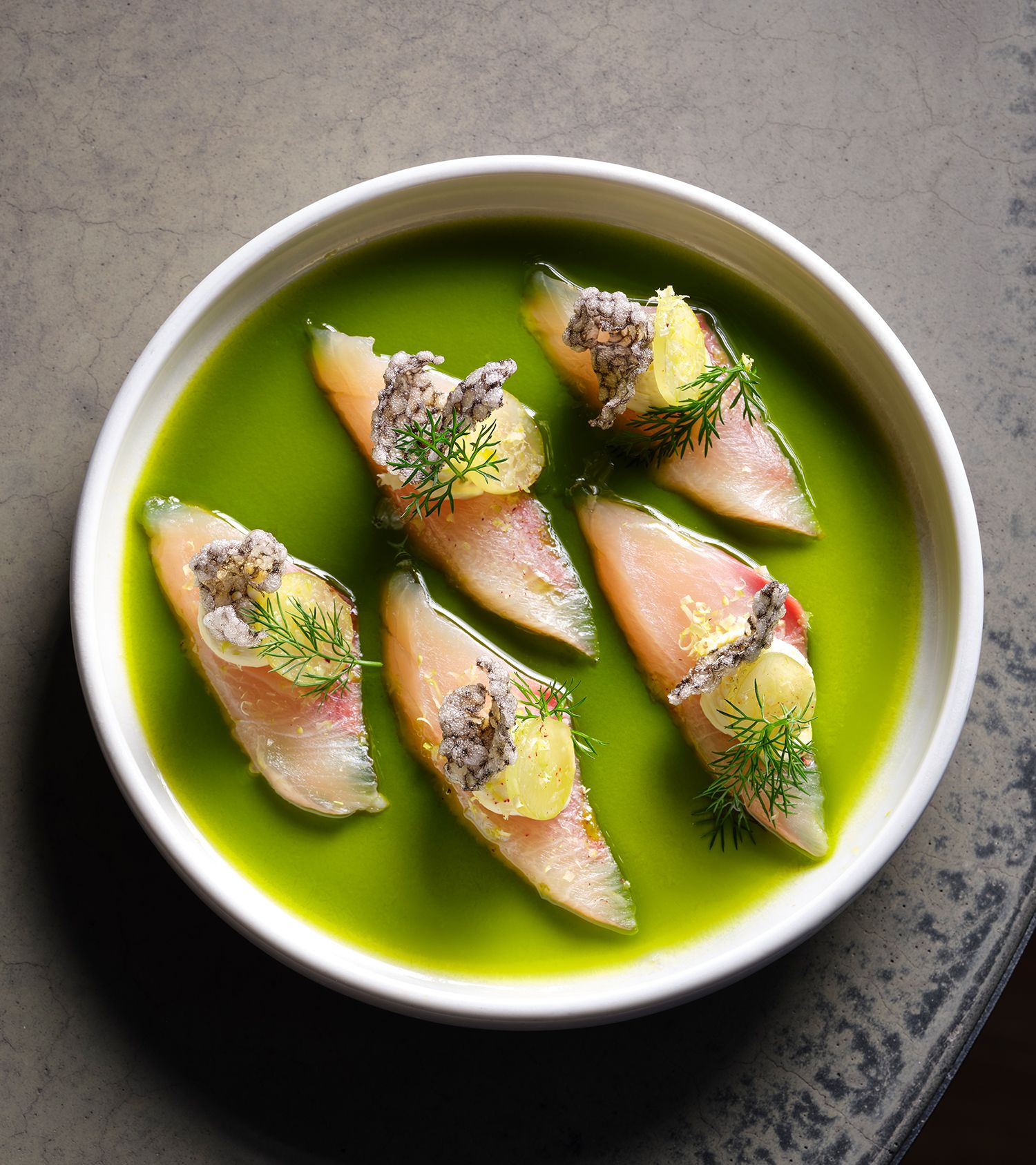 Whisky-infused Mānuka Honey Kingfish with Pickled Grapes & Sago Crisps