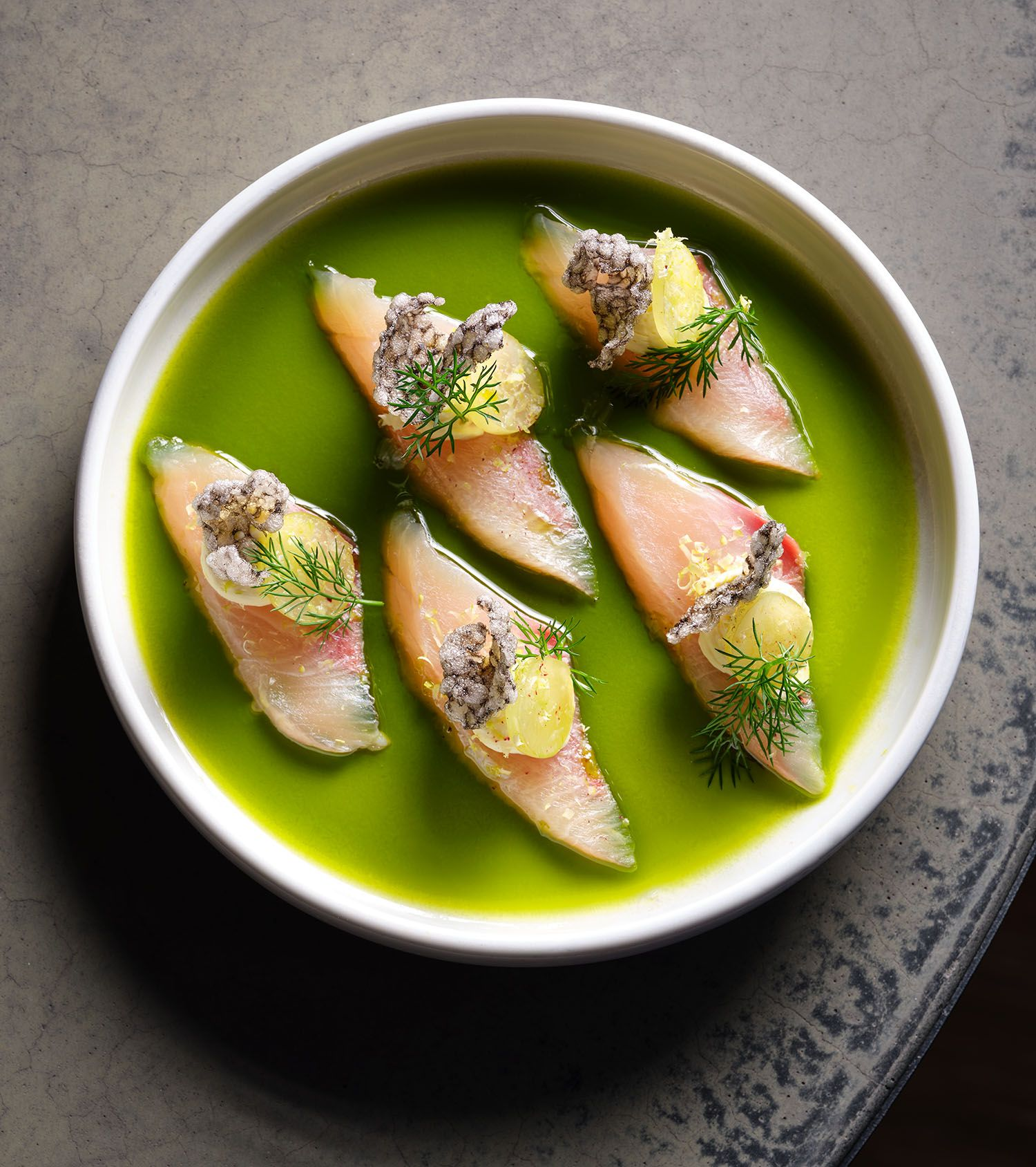 Whisky-infused Mānuka Honey Kingfish with Pickled Grapes & Sago Crisps